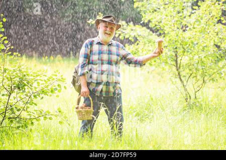 Vieux marcheur. Grand-père pensionné. Randonnée senior en forêt. Été et loisirs. Grand-père avec panier de champignons et un visage surprise Banque D'Images