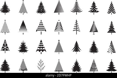 Un ensemble d'arbres de Noël noirs. Collection d'éléments de design et de pictogrammes pour la saison d'hiver. Illustrations et icônes de Noël à vecteur isolé. Illustration de Vecteur