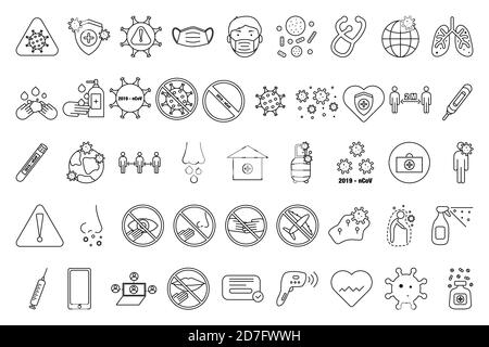 Ensemble d'icônes de contour du coronavirus pour la prévention, la protection et les restrictions du coronavirus. Illustration vectorielle vectorielle pour une utilisation sur le Web, la conception, l'impression ou dans Illustration de Vecteur