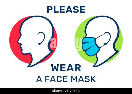 Veuillez porter un masque facial, une illustration vectorielle. Masque requis, signe d'avertissement. Silhouette de la tête d'un homme dans un masque médical Illustration de Vecteur