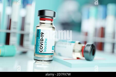 Un flacon de vaccin contre le SRAS-CoV2 COVID-19 dans un laboratoire de recherche et de développement médical. Science 3D illustration. Banque D'Images