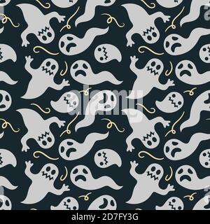 Motif sans couture avec petits fantômes de dessin animé. Fantômes blancs sur fond orange. Illustration Halloween. Motif pour papier, textile, jeu, web des Illustration de Vecteur