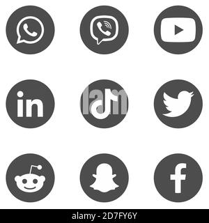 Icônes des réseaux sociaux. Ensemble de 9 icônes de réseaux sociaux populaires sur fond gris foncé. Illustration de Vecteur