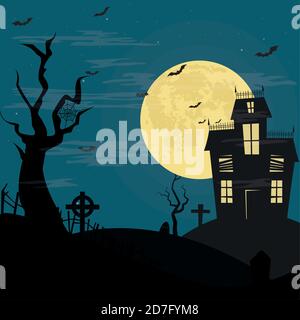 Nuit sombre avec maison d'horreur - illustration vectorielle Illustration de Vecteur