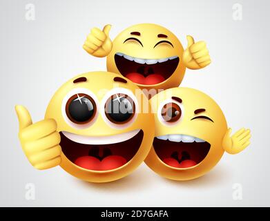 Smiley emoji amis personnage vector design. Emojis smiley de l'amitié émoticône dans le sourire heureux et drôle d'expression faciale dans fond blanc. Illustration de Vecteur
