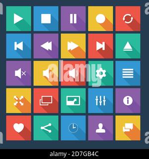 Icônes vectorielles plates du lecteur multimédia avec une ombre longue. Illustration de Vecteur