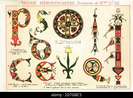 Premières lettres et fleurs tirées de documents de la dynastie mérovingienne du VIIe siècle. Extraits de Saint Augustin, Histoire des Francs par Grégoire de Tours, commentaires sur Saint Augustin, etc. 1-3 Extraits de Saint Augustin, Bib. NAT. Latin 2110, 4,5,9 l’histoire des Francs par Saint-Grégoire de Tours 132bis, 6 manuscrit latin 1732., 7,8 parlementaire de Saint-Augustin, Latin 2706, 10 travite moraux, Latin 1311. Chromolithographie conçue et lithographiée par Ernst Guillot dans Elements d’ornement pour l’illumination (Elements of ornentation for Illumination), Renouard, Paris, 1890. Banque D'Images