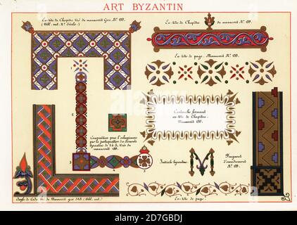 Initiales, têtes de chapitre, cadres et cartouche de l'art byzantin, Xe siècle. Tiré du Psautier illuminé de Paris, Psautier de Paris, Constantinope, manuscrit illuminé de Gregory de Nazianzus. Gregorius Nazianzenus. 1-5 manuscrit Grec 139, Bib. NAT., manucrit trec 543, Art Byzantin. Chromolithographie conçue et lithographiée par Ernst Guillot dans Elements d’ornement pour l’illumination (Elements of ornentation for Illumination), Renouard, Paris, 1890. Banque D'Images