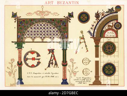 Initiales, motifs et éléments architecturaux de l'art byzantin, Xe siècle. Tiré d'un manuscrit illuminé d'Eusebius de Césarée. 1-3 composition et initiales byzantins tirees du manuscrit rec 64 Eusebius Cæsariensis, Bib. NAT., 4-10 manugit trec 70. Chromolithographie conçue et lithographiée par Ernst Guillot dans Elements d’ornement pour l’illumination (Elements of ornentation for Illumination), Renouard, Paris, 1890. Banque D'Images