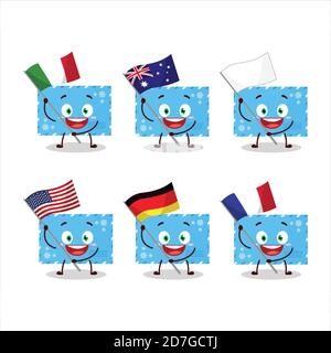 Bleu enveloppes de noël personnage de dessin animé apporter les drapeaux de divers pays Illustration de Vecteur