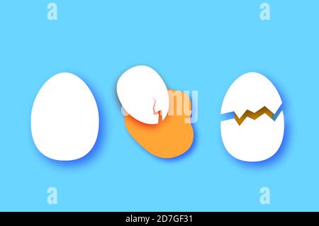 Œufs en coquille, fissure, moitié. Œuf et jaune cassés. Produits agricoles. Restauration rapide. Produit naturel. Omelette coupe papier. Arrière-plan bleu. Illustration de Vecteur