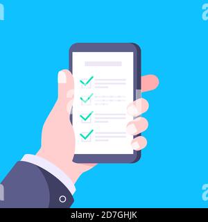 Mains courantes smartphone avec liste de contrôle complète avec des coches icône illustration vectorielle. Illustration de Vecteur
