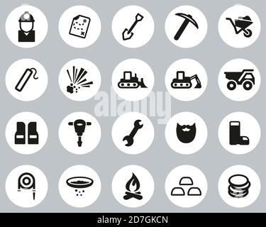 Gold Rush ou Gold Mining Icons Noir & blanc plat Design Circle Set Big Illustration de Vecteur