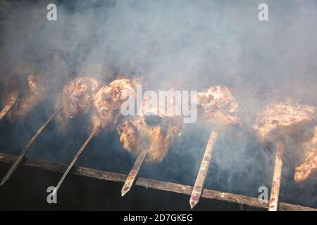 Barbecue dans la nature. Morceaux de viande cuits sur les charbons d'un feu de camp avec de la fumée. Banque D'Images