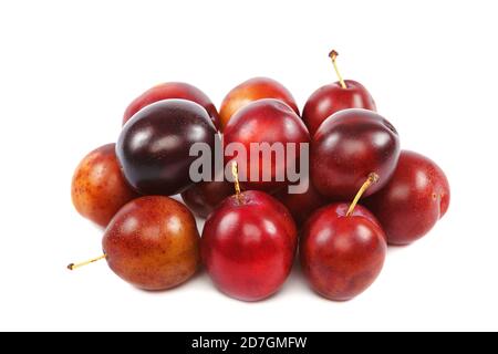 Fruits prune mûrs isolés sur fond blanc. Banque D'Images