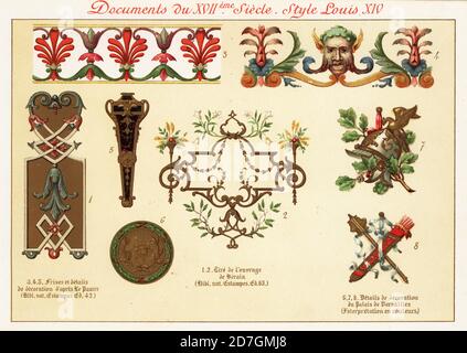 Éléments de design de l'ère rococo du roi Louis XIV, le roi du Soleil, XVIIe siècle. 1,2 après Jean Berain, 3-5 frises et décor d'après Jean le Pautre, 6-8 décorations du château de Versailles. Chromolithographie conçue et lithographiée par Ernst Guillot d'éléments d'ornement du XVIIème et XVIIIème siècle, éléments d'ornement du XVIIe et XVIIIe siècle, Renouard, Paris, 1890. Banque D'Images