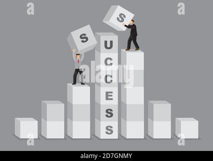 Homme d'affaires de dessin animé en position avantageuse plus haute a la main haute pour compléter le mot succès. Illustration vectorielle créative sur le concept de comparaison Illustration de Vecteur