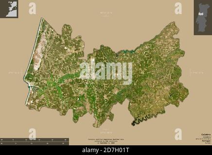 Coimbra, district du Portugal. Imagerie satellite Sentinel-2. Forme isolée sur un arrière-plan solide avec des superpositions informatives. Contient Copernicu modifié Banque D'Images