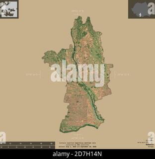 OLT, comté de Roumanie. Imagerie satellite Sentinel-2. Forme isolée sur un arrière-plan solide avec des superpositions informatives. Contient Copernicus Senti modifié Banque D'Images