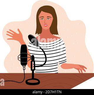 Femme fait le podcast en direct. Baladoteur femelle parlant au microphone pour enregistrer la voix en studio. Illustration vectorielle de style plat Illustration de Vecteur