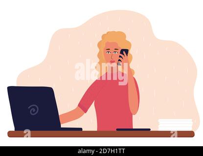 La femme blonde travaille avec un ordinateur portable et parle au téléphone. Concept travail à distance, freelance, entreprise. Illustration vectorielle isolée sur fond blanc Illustration de Vecteur