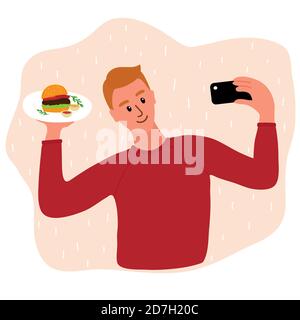 Caucasien homme alimentation blogger faisant photo selfie avec hamburger et moutarde et ketchup sauces et romarin pour blog. Adorable garçon avec smartphone Illustration de Vecteur