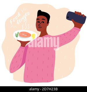 Black african homme alimentation blogger faisant photo selfie avec steak de saumon et citron et romarin pour le blog. Adorable garçon avec appareil photo pour smartphone. Médias sociaux Illustration de Vecteur