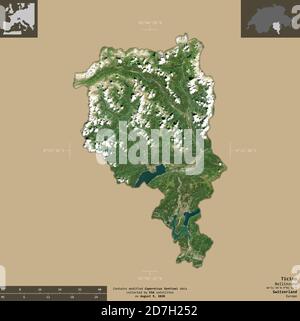 Tessin, canton de Suisse. Imagerie satellite Sentinel-2. Forme isolée sur un arrière-plan solide avec des superpositions informatives. Contient Copernicu modifié Banque D'Images