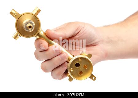 Nouveaux robinets pour la douche à la main isolés sur fond blanc. Banque D'Images