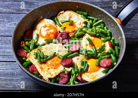 Petit-déjeuner espagnol composé de haricots verts, œufs cuits et saucisse chorizo frite épicée sur une poêle sur fond de bois, vue de dessus, gros plan Banque D'Images