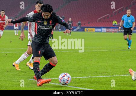 AMSTERDAM, PAYS-BAS - OCTOBRE 21 : Takumi Minamino du FC Liverpool lors du match de la Ligue des champions de l'UEFA entre Ajax et Liverpool à l'arène Johan Cruijff le 21 octobre 2020 à Amsterdam, pays-Bas (photo de Gerrit van Keulen/Orange Pictures) Banque D'Images