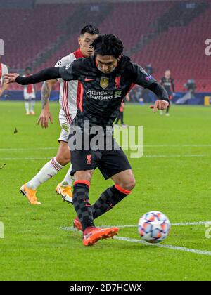 AMSTERDAM, PAYS-BAS - OCTOBRE 21 : Takumi Minamino du FC Liverpool lors du match de la Ligue des champions de l'UEFA entre Ajax et Liverpool à l'arène Johan Cruijff le 21 octobre 2020 à Amsterdam, pays-Bas (photo de Gerrit van Keulen/Orange Pictures) Banque D'Images