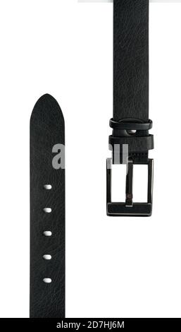 Ceinture en cuir pour homme tendance et attachée avec boucle en métal sombre isolée sur fond blanc. Banque D'Images