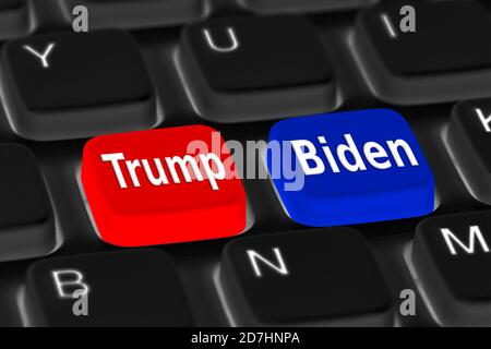 Boutons sur un clavier pour afficher un vote pour Donald Trump (républicain) ou Joe Biden (démocrate) à l'élection présidentielle américaine de 2024. Banque D'Images