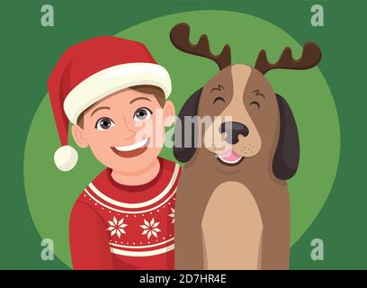 Portrait de Noël d'une fille avec son chien. La fille porte un chapeau du Père Noël et le chien porte un diadème avec des cornes de renne. Vecteur illustrat Illustration de Vecteur