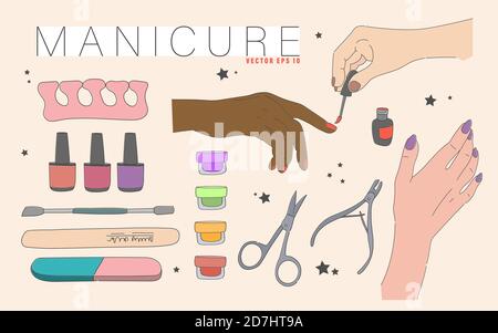 Mains de femmes et divers accessoires de manucure, équipement, outils. Dessin à la main Illustration de Vecteur