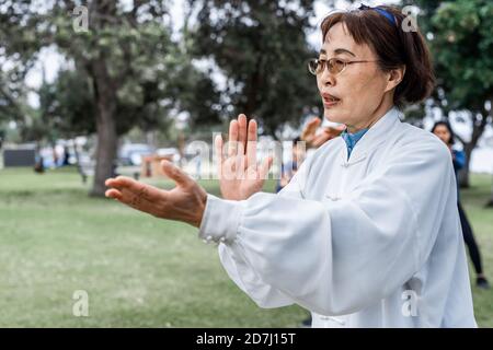 Femme chinoise mature ne tai chi à l'extérieur dans le parc Banque D'Images