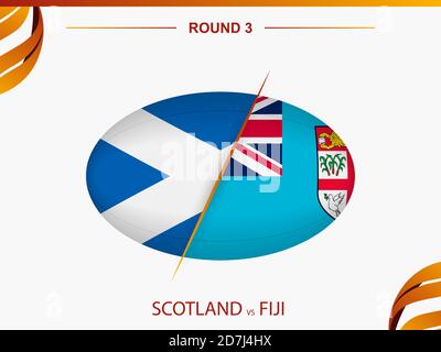 L'Ecosse contre les Fidji dans le tournoi de rugby rond 3, icône en forme de balle de rugby. Modèle vectoriel. Illustration de Vecteur