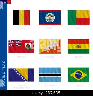 Collection de drapeaux de spéléologie dans la proportion officielle. 9 drapeaux vectoriels : Belgique, Belize, Bénin, Bermudes, Bhoutan, Bolivie, Bosnie-Herzégovine, Botswana, Bra Illustration de Vecteur