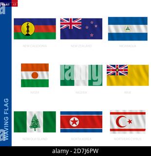 Collection de drapeaux de spéléologie dans la proportion officielle. 9 drapeaux vectoriels : Nouvelle-Calédonie, Nouvelle-Zélande, Nicaragua, Niger, Nigeria, Niue, île Norfolk, North Kore Illustration de Vecteur
