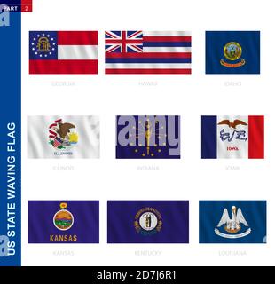 LES États DES ÉTATS-UNIS ont une collection de drapeaux en proportion officielle, 9 drapeaux vectoriels : Géorgie, Hawaï, Idaho, Illinois, Indiana, Iowa, Kansas, Kentucky, Louisiane Illustration de Vecteur