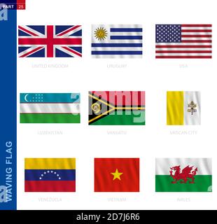 Collection de drapeaux de spéléologie dans la proportion officielle. 9 drapeaux vectoriels : Royaume-Uni, Uruguay, Etats-Unis, Ouzbékistan, Vanuatu, Cité du Vatican, Venezuela, Vietnam, Wa Illustration de Vecteur