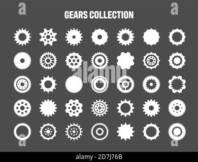 Icônes d'engrenage simples. Roues réglées sur fond noir. Collection de roues dentées blanches Vector. Illustration de Vecteur