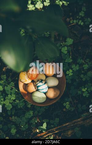 Bol d'œufs de Pâques de couleur biologique à l'extérieur Banque D'Images