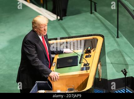 NEW YORK, États-Unis - 25 septembre 2018 : le président des États-Unis, Donald Trump, lors de la 73e session de l'Assemblée de l'ONU à New York Banque D'Images