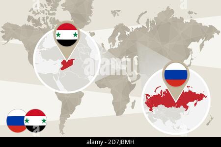 Carte du monde zoom sur Syrie, Russie. Conflit. Illustration vectorielle. Illustration de Vecteur