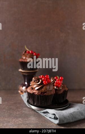 Studio de petits gâteaux au chocolat avec baies de cassis Banque D'Images