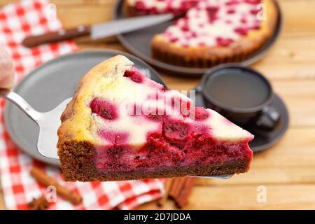 Morceau de tarte à la framboise maison avec garniture au yaourt. Mise au point peu profonde. Banque D'Images
