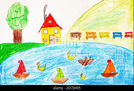 Dessin d'enfant avec des bateaux à voile et des cygnes sur le lac Banque D'Images