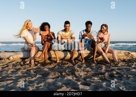 Amis assis en rondins tout en mangeant de la pastèque à la plage pendant jour ensoleillé Banque D'Images